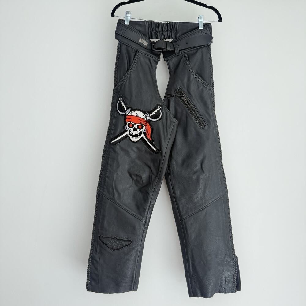 Harley Davidson Leather Chaps Medium Black Willie G Pirate Skull Motorcycle USA